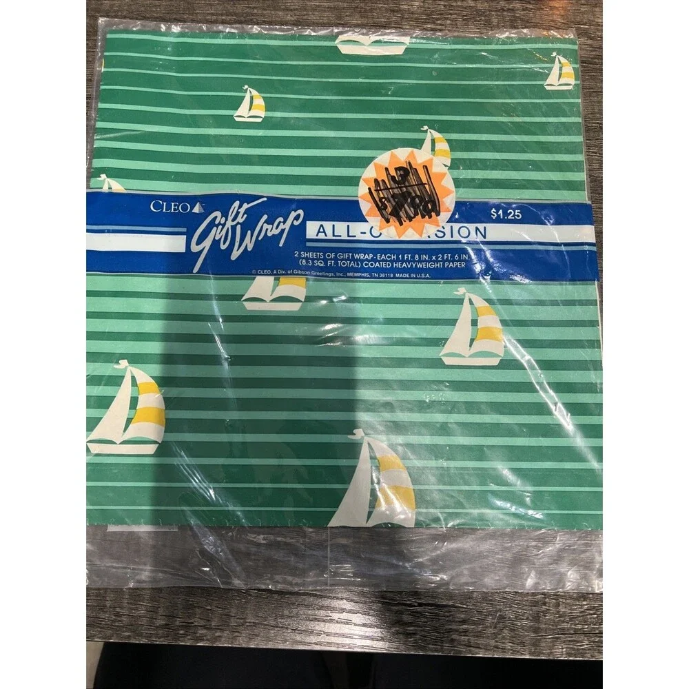 Vintage︱BOATS︱Gift Wrap︱CLEO︱2 Sheets 8.3 sq ft︱Green Boating Theme︱New in Pkg
